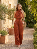 Women's Structured Cotton Halter Neck Crop Top | Elegant Tailored Wide Leg Trousers