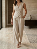 Women's Tailored Fabric Suit Set | Elegant Sleeveless Blazer & Wide-Leg Trousers