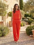 Women's Textured Fabric Wide Leg Trouser Coord | Stylish Scallop Hem Sleeveless Top